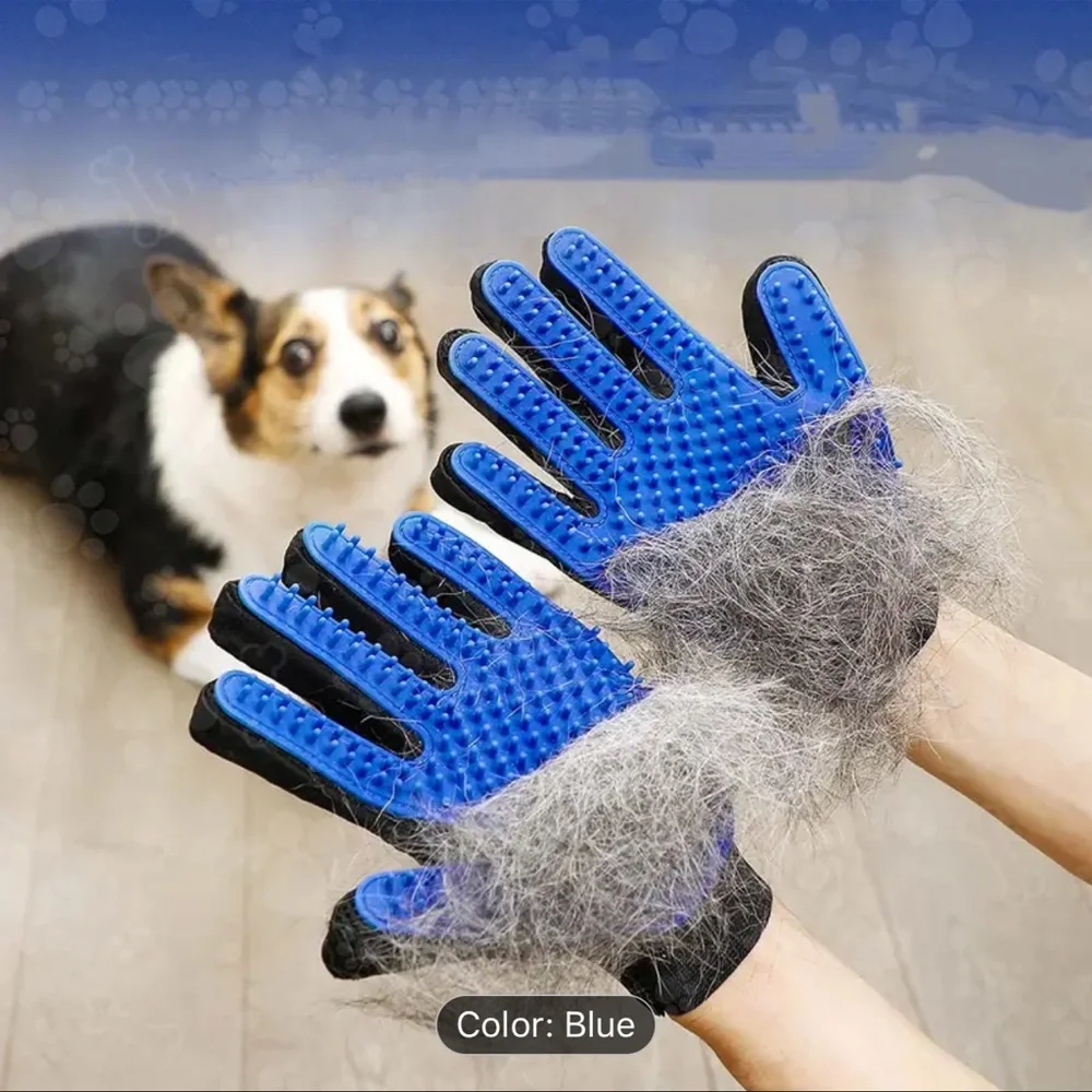 Dog and cat Grooming Gloves One Pair of Blue & Black, Hair/Fur Shedding Mitts